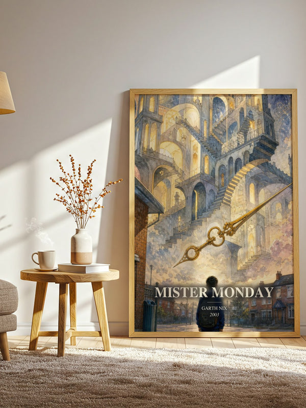Mister Monday watercolour print in frame leaning in hallway – fantasy wall art