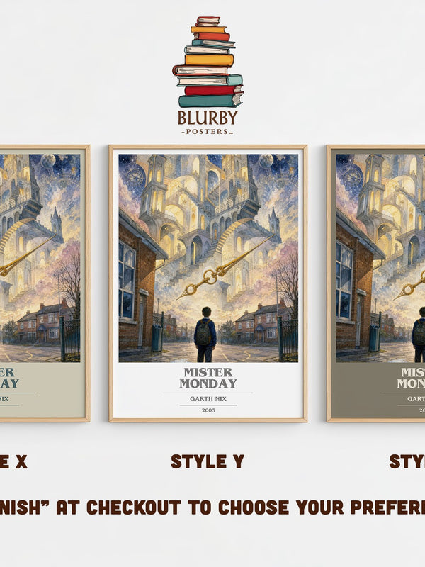 Mister Monday book cover print in frame leaning in hallway – fantasy wall art