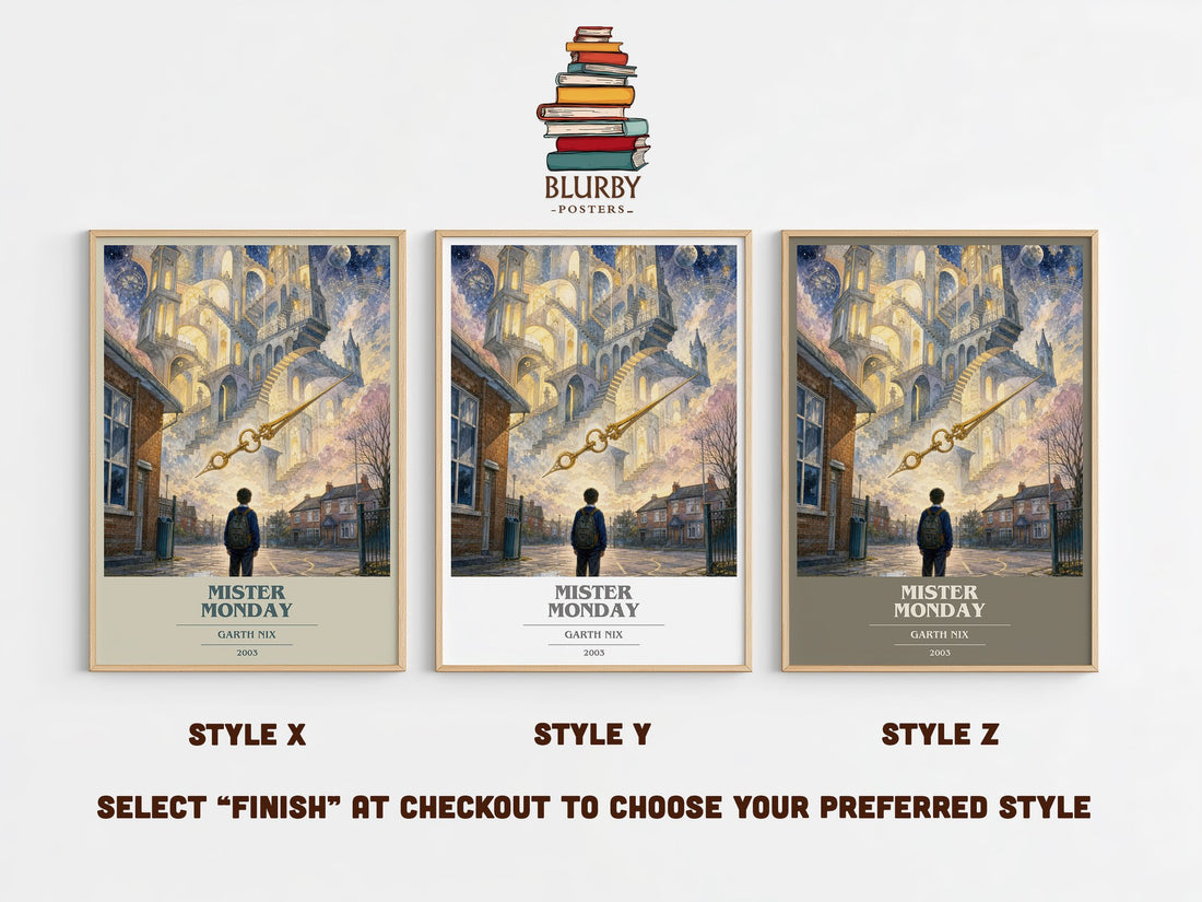 Mister Monday book cover print in frame leaning in hallway – fantasy wall art (mockup)