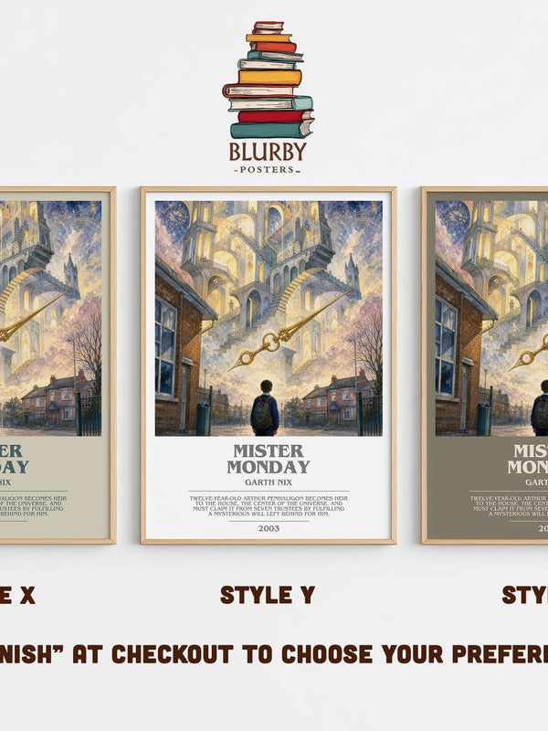 Mister Monday bookish print in frame leaning in hallway – fantasy wall art
