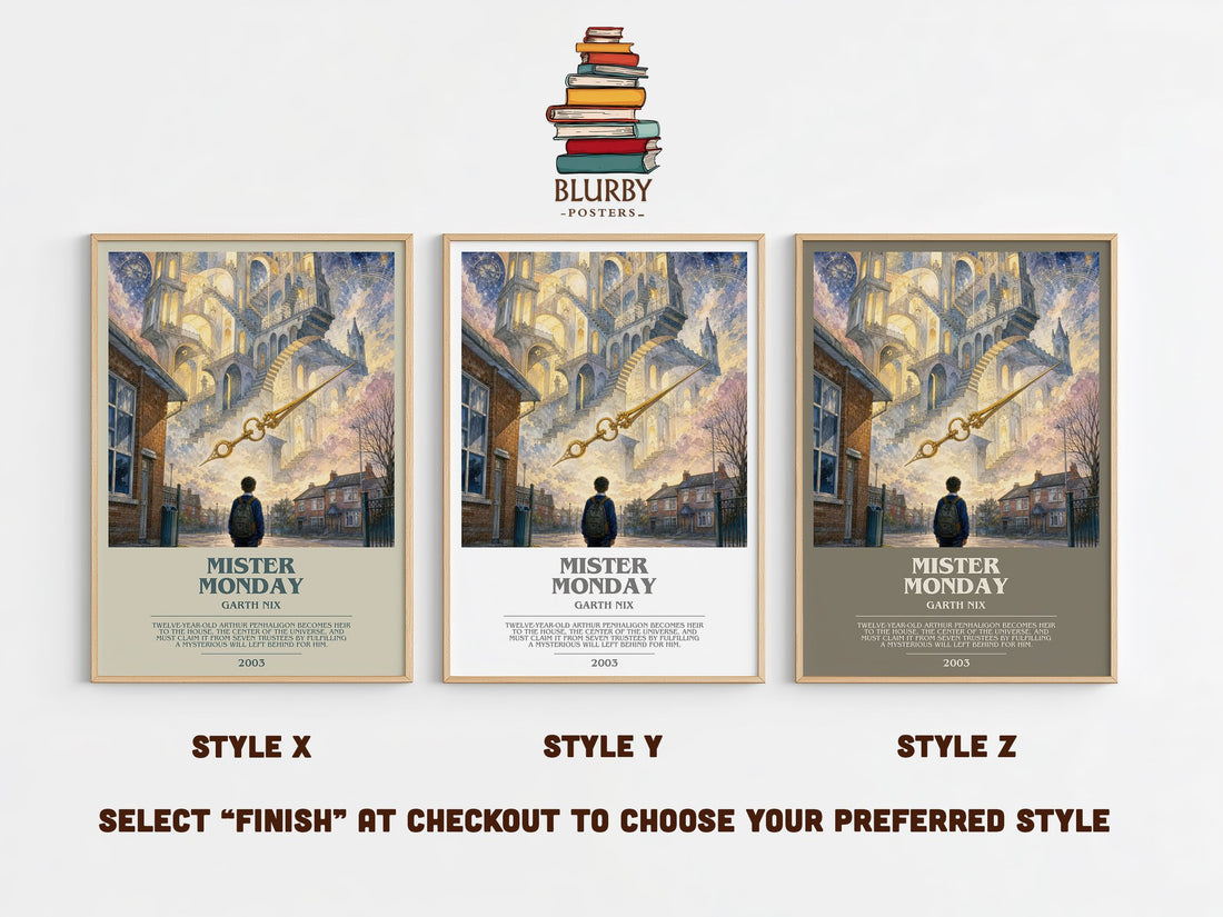 Mister Monday bookish print in frame leaning in hallway – fantasy wall art (mockup)