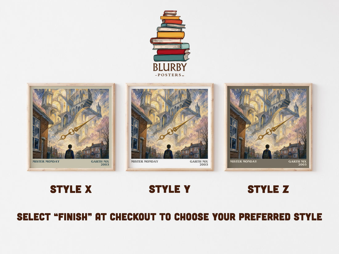 Mister Monday literary print in frame leaning in hallway – fantasy wall art (mockup)