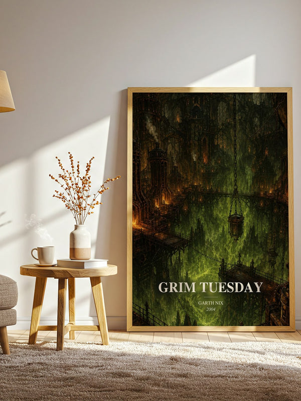 Grim Tuesday watercolour print in frame leaning in hallway – fantasy wall art
