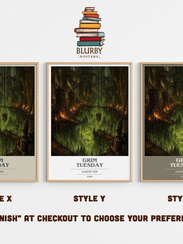 Grim Tuesday book cover print in frame leaning in hallway – fantasy wall art