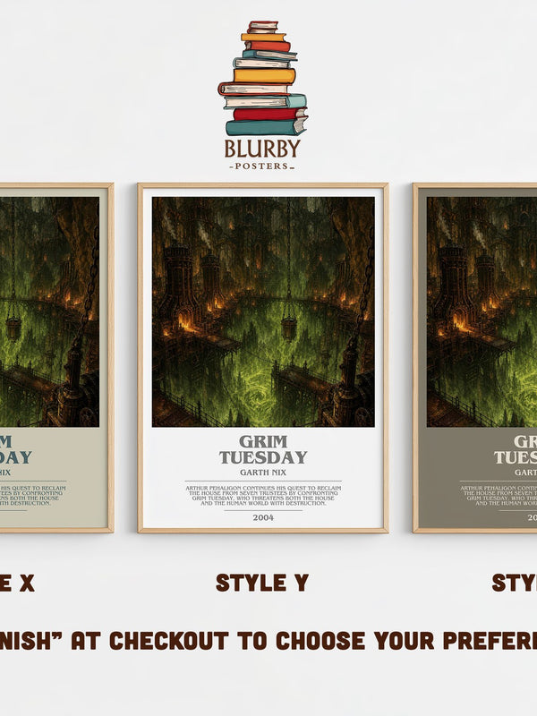 Grim Tuesday bookish print in frame leaning in hallway – fantasy wall art