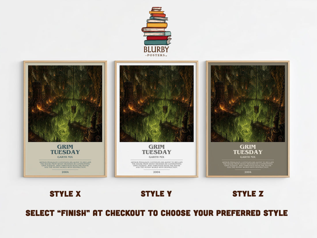 Grim Tuesday bookish print in frame leaning in hallway – fantasy wall art (mockup)