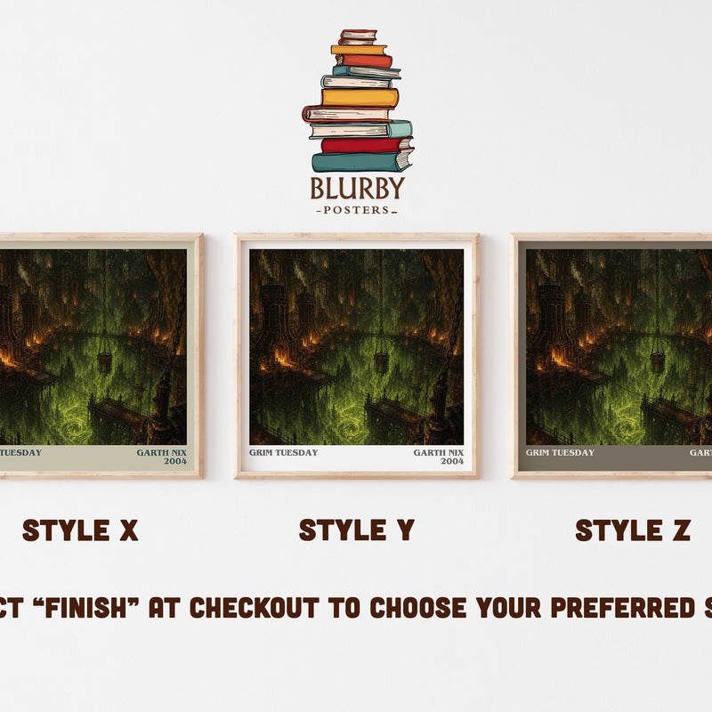 Grim Tuesday literary print in frame leaning in hallway – fantasy wall art