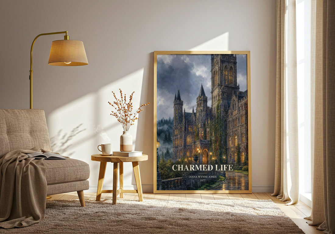 Charmed Life watercolour print in frame leaning in hallway – fantasy wall art (mockup)