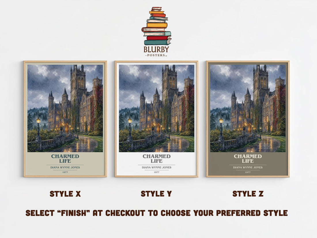 Charmed Life book cover print in frame leaning in hallway – fantasy wall art (mockup)