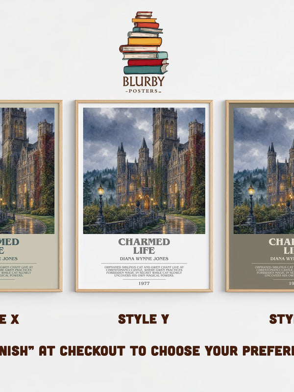 Charmed Life bookish print in frame leaning in hallway – fantasy wall art