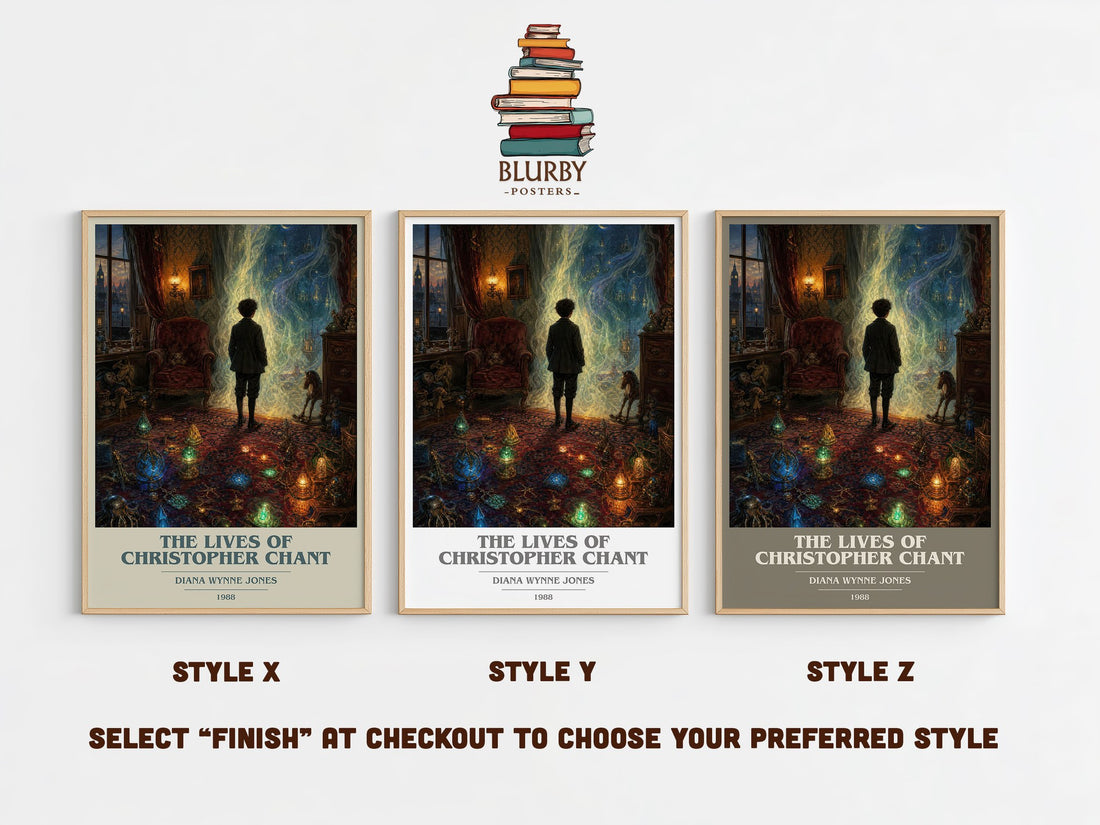 The Lives of Christopher Chant book cover print in frame leaning in hallway – childrens wall art (mockup)