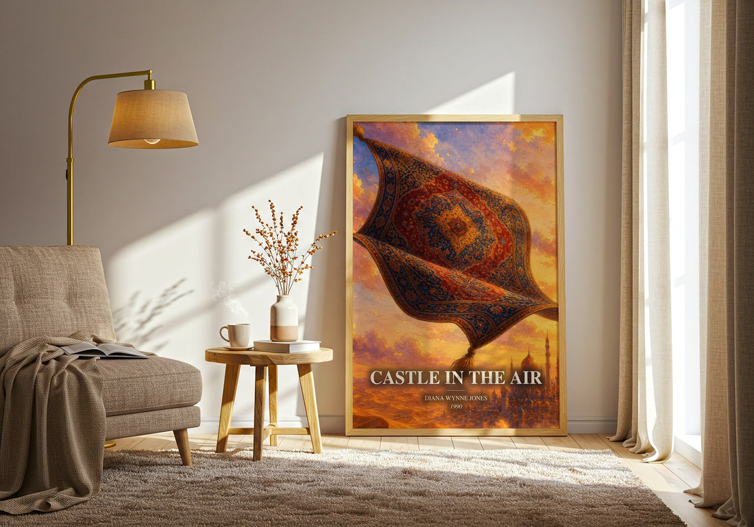 Castle in the Air watercolour print in frame leaning in hallway – fantasy wall art (mockup)