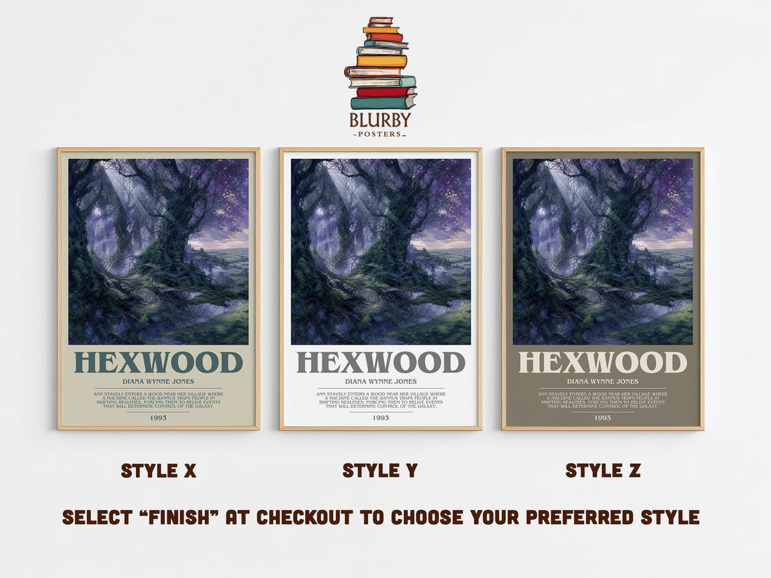 Hexwood bookish print in frame leaning in hallway – fantasy wall art (mockup)