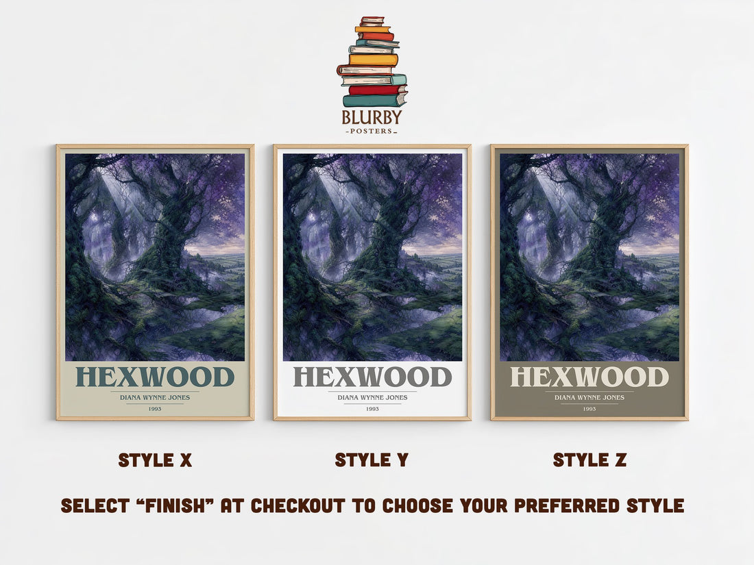 Hexwood book cover print in frame leaning in hallway – fantasy wall art (mockup)
