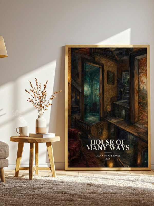 House of Many Ways watercolour print in frame leaning in hallway – fantasy wall art