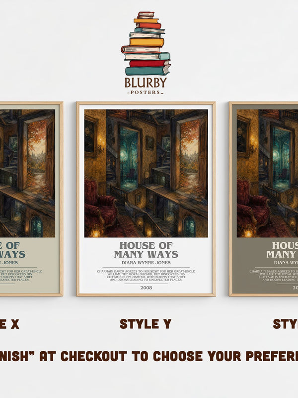 House of Many Ways bookish print in frame leaning in hallway – fantasy wall art