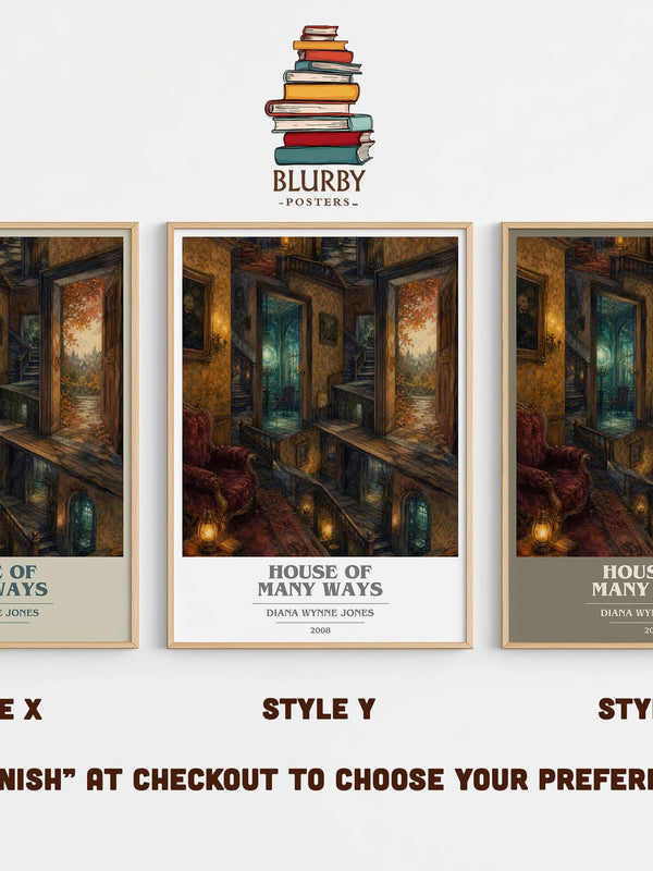 House of Many Ways book cover print in frame leaning in hallway – fantasy wall art