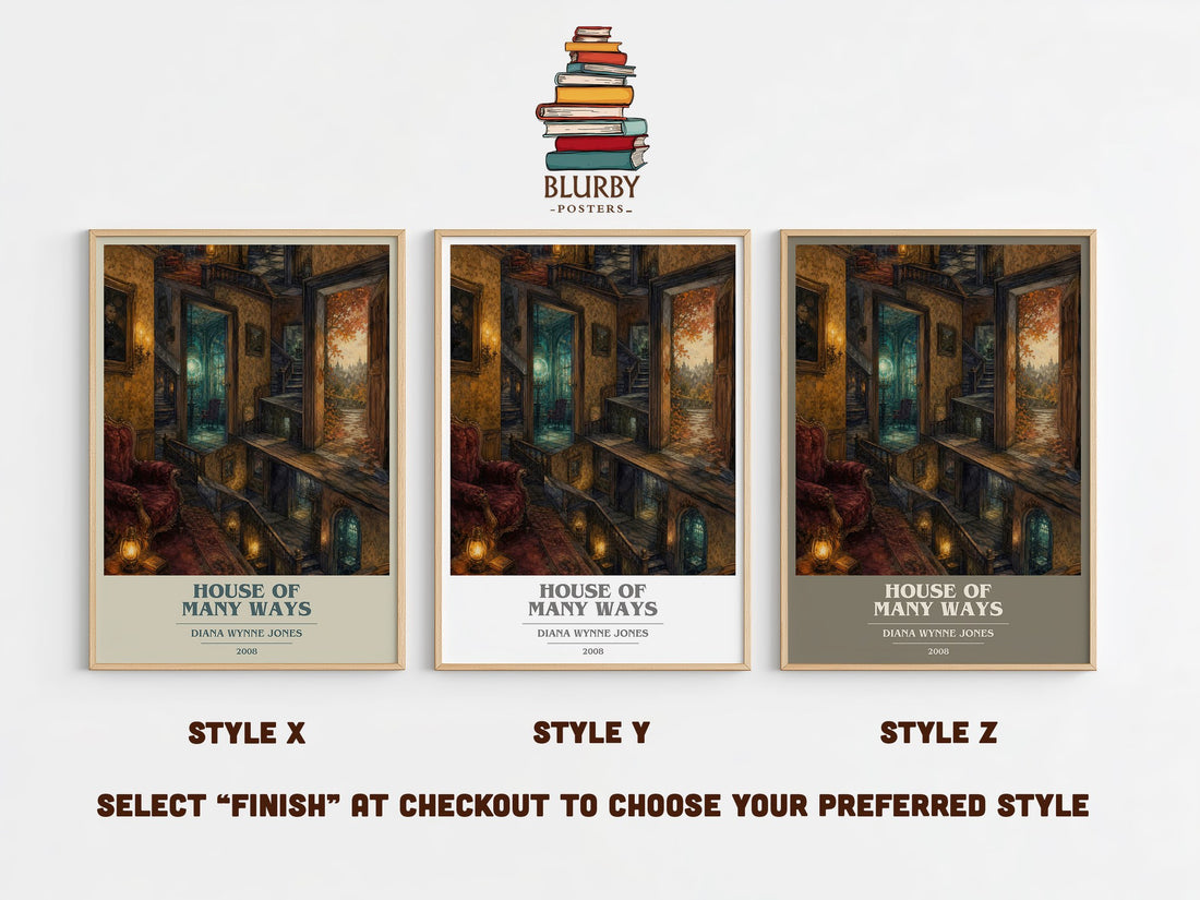 House of Many Ways book cover print in frame leaning in hallway – fantasy wall art (mockup)