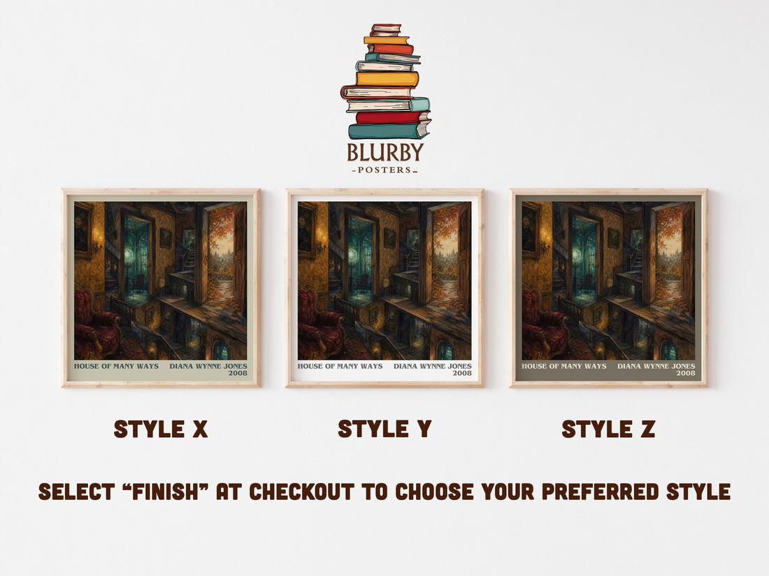 House of Many Ways literary print in frame leaning in hallway – fantasy wall art (mockup)