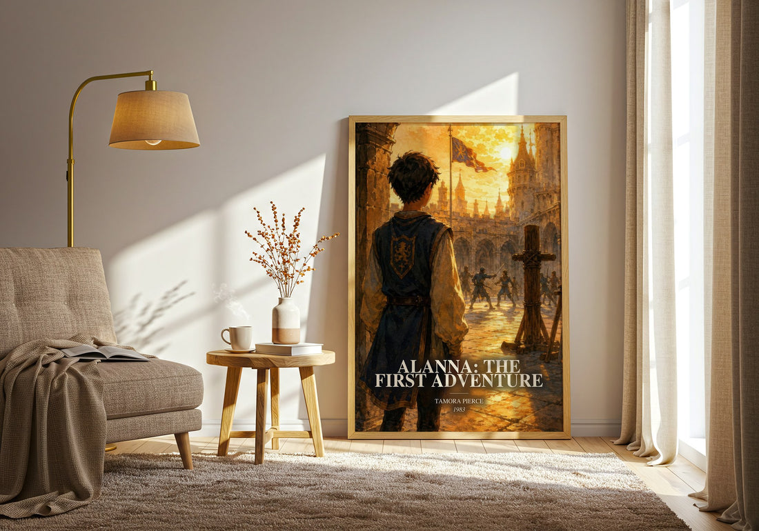 Alanna: The First Adventure watercolour print in frame leaning in hallway – fantasy wall art (mockup)