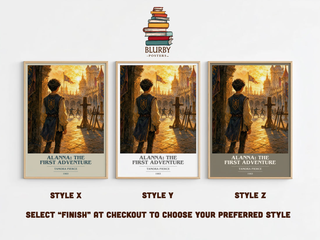 Alanna: The First Adventure book cover print in frame leaning in hallway – fantasy wall art (mockup)