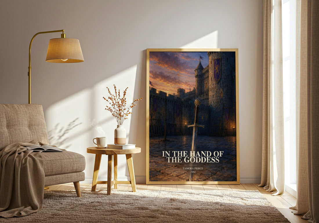 In the Hand of the Goddess watercolour print in frame leaning in hallway – fantasy wall art (mockup)