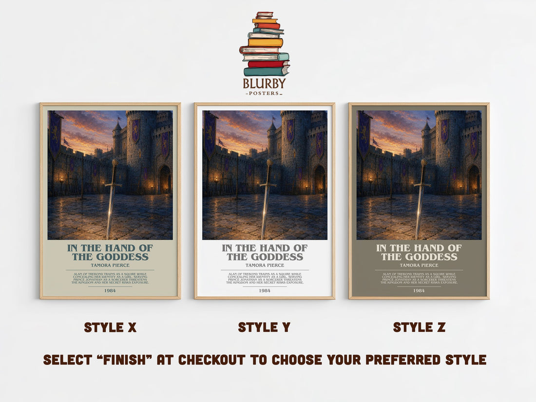 In the Hand of the Goddess bookish print in frame leaning in hallway – fantasy wall art (mockup)