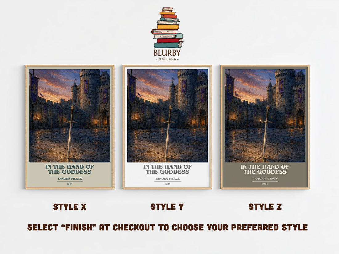 In the Hand of the Goddess book cover print in frame leaning in hallway – fantasy wall art (mockup)