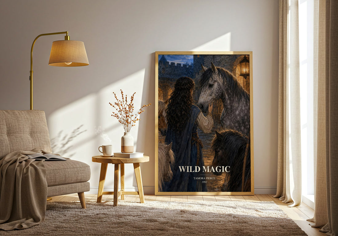 Wild Magic watercolour print in frame leaning in hallway – fantasy wall art (mockup)