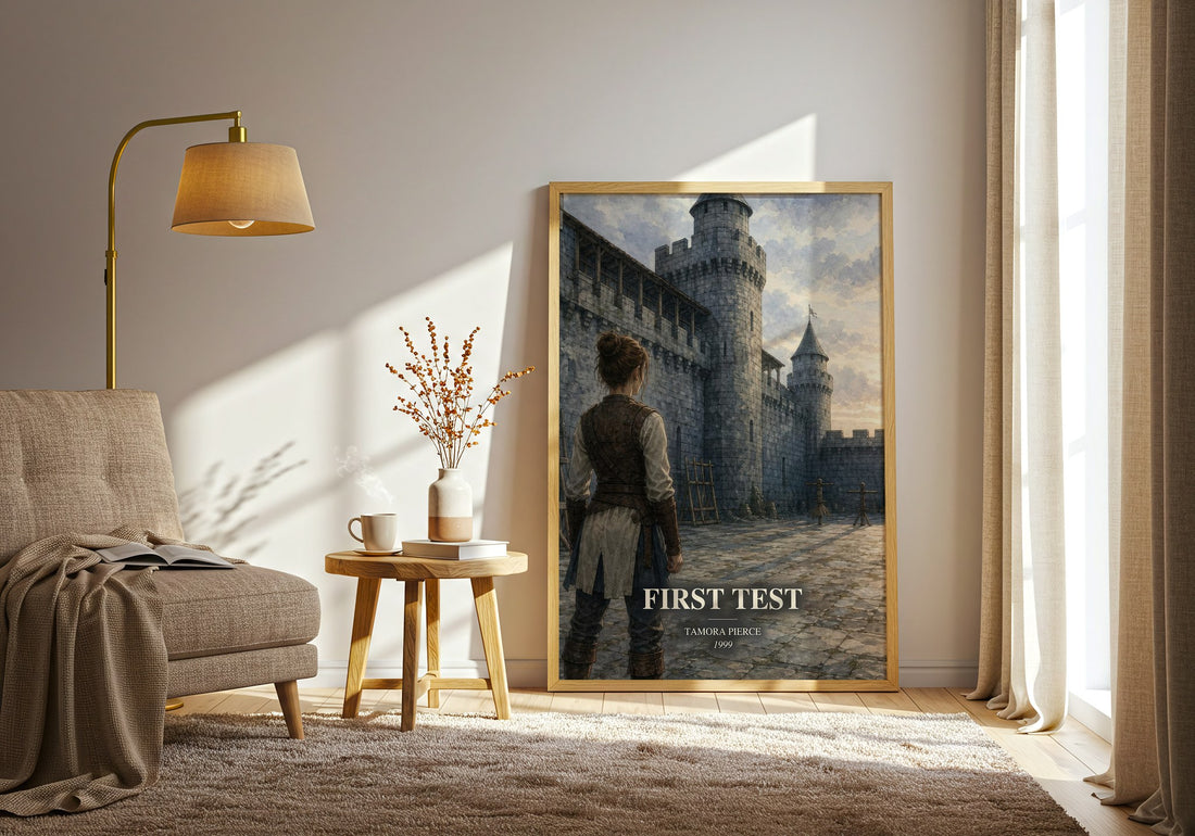 First Test watercolour print in frame leaning in hallway – young adult wall art (mockup)