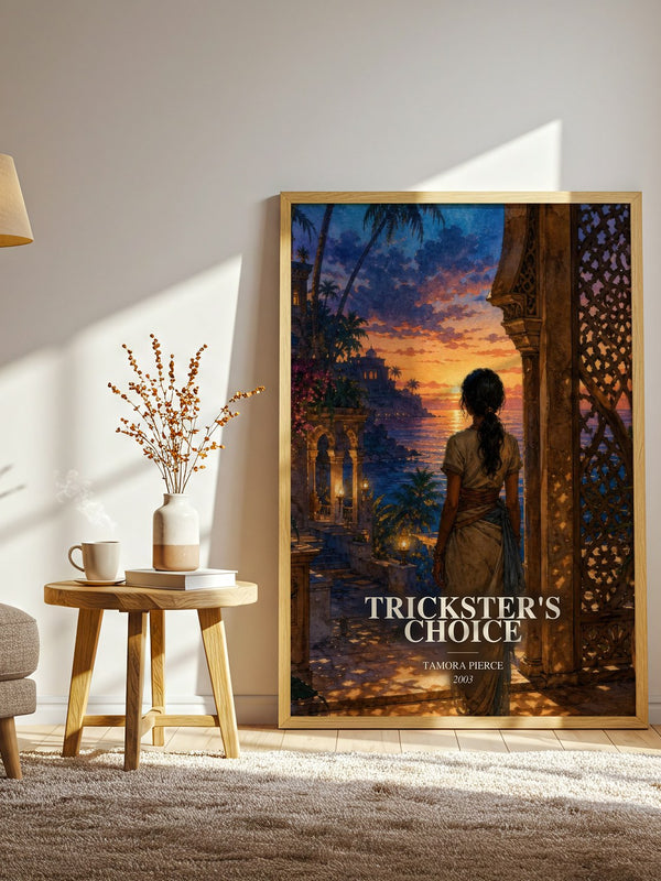 Trickster's Choice watercolour print in frame leaning in hallway – fantasy wall art