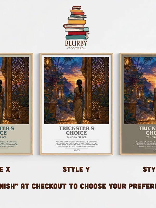 Trickster's Choice bookish print in frame leaning in hallway – fantasy wall art