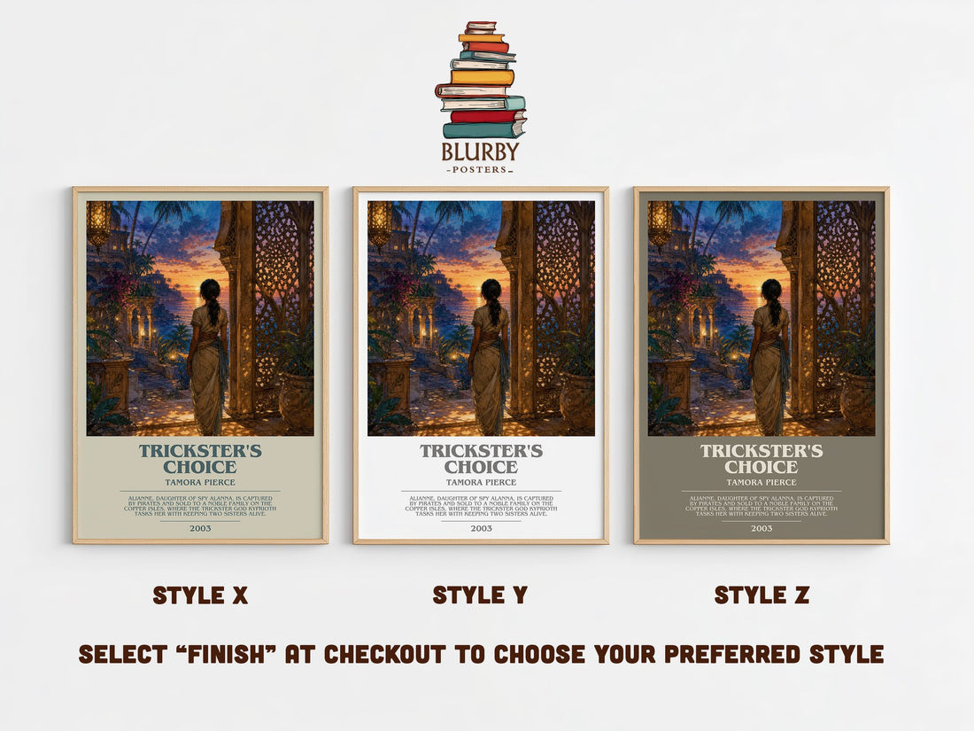 Trickster's Choice bookish print in frame leaning in hallway – fantasy wall art (mockup)