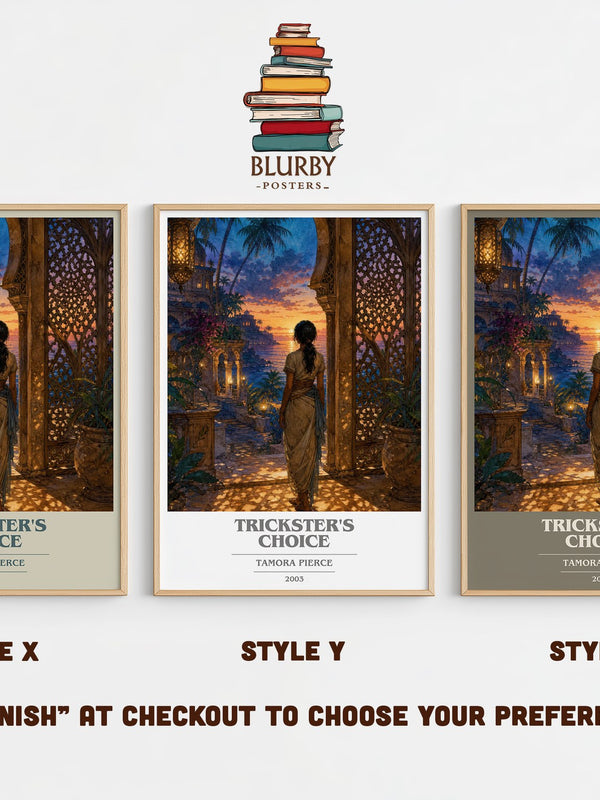Trickster's Choice book cover print in frame leaning in hallway – fantasy wall art
