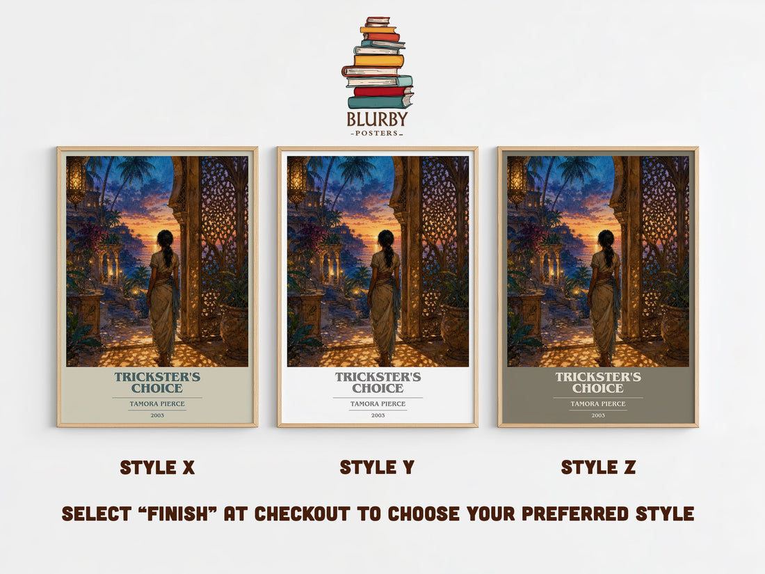 Trickster's Choice book cover print in frame leaning in hallway – fantasy wall art (mockup)