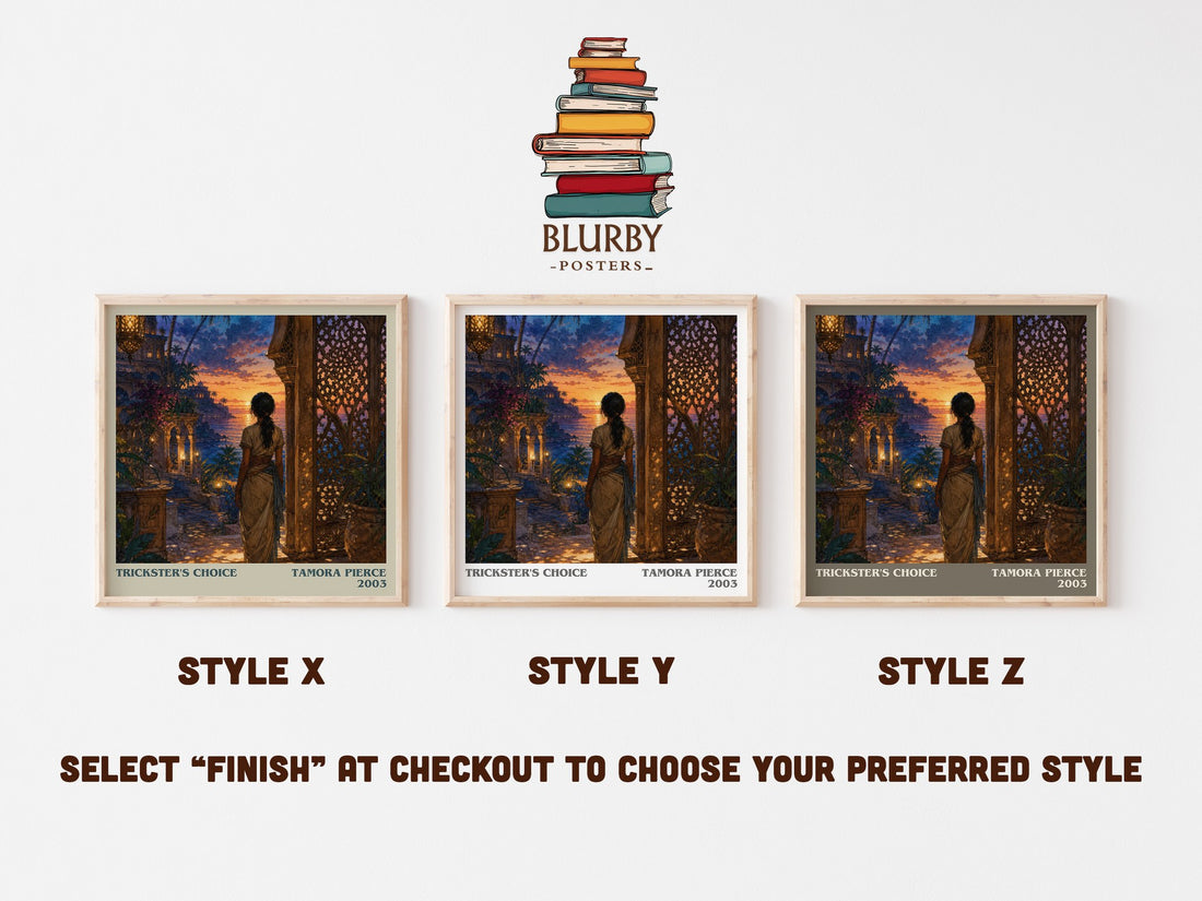 Trickster's Choice literary print in frame leaning in hallway – fantasy wall art (mockup)