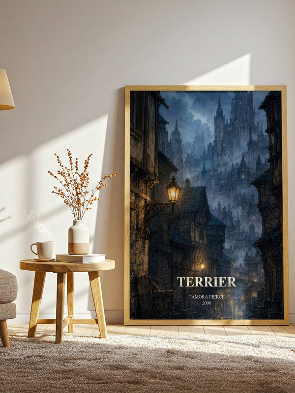 Terrier watercolour print in frame leaning in hallway – fantasy wall art