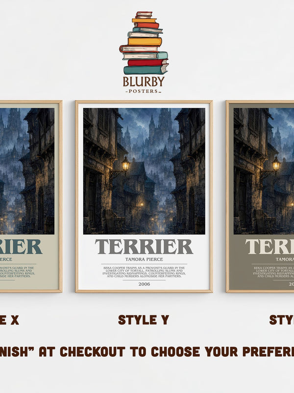 Terrier bookish print in frame leaning in hallway – fantasy wall art