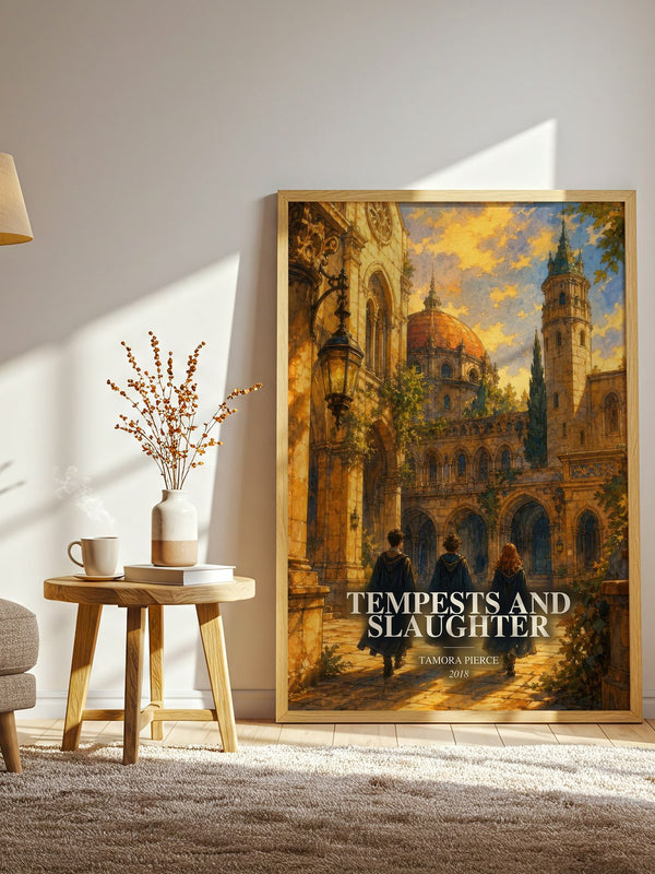 Tempests and Slaughter watercolour print in frame leaning in hallway – young adult wall art