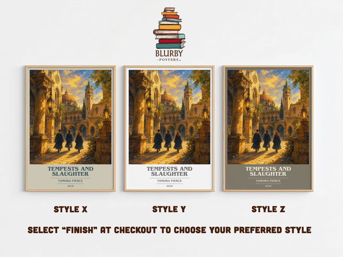 Tempests and Slaughter book cover print in frame leaning in hallway – young adult wall art (mockup)