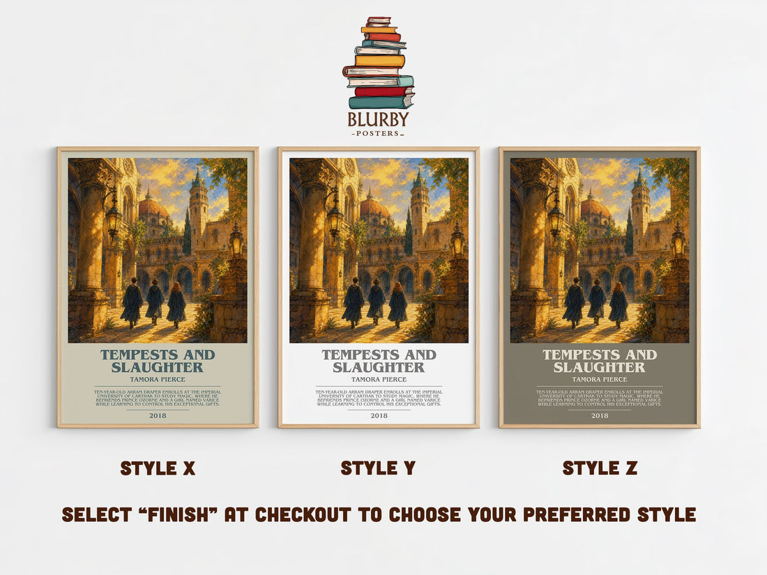 Tempests and Slaughter bookish print in frame leaning in hallway – young adult wall art (mockup)