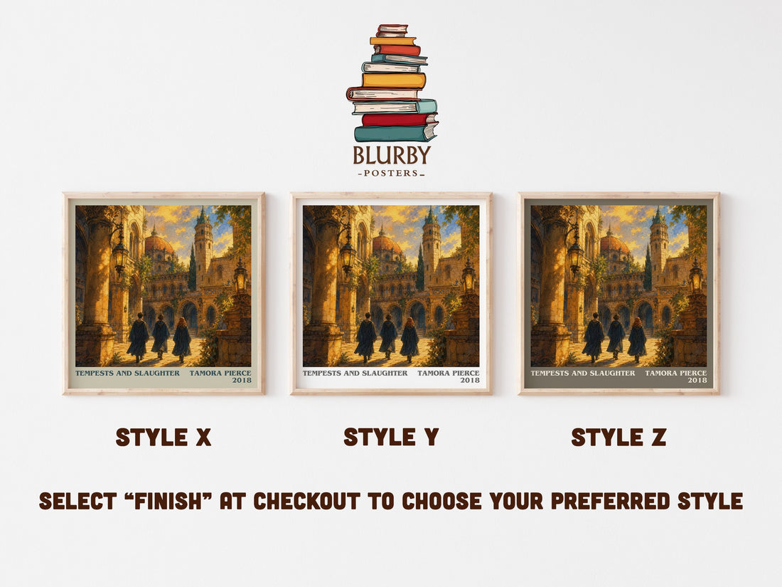 Tempests and Slaughter literary print in frame leaning in hallway – young adult wall art (mockup)