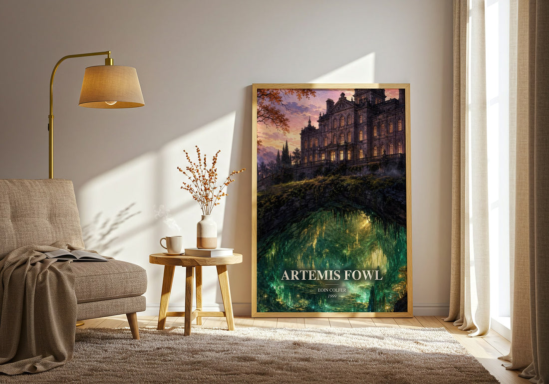 Artemis Fowl watercolour print in frame leaning in hallway – fantasy wall art (mockup)