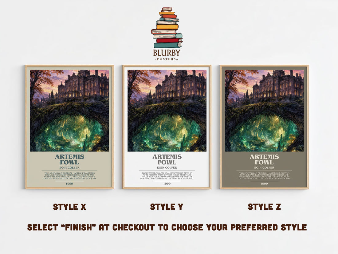 Artemis Fowl bookish print in frame leaning in hallway – fantasy wall art (mockup)
