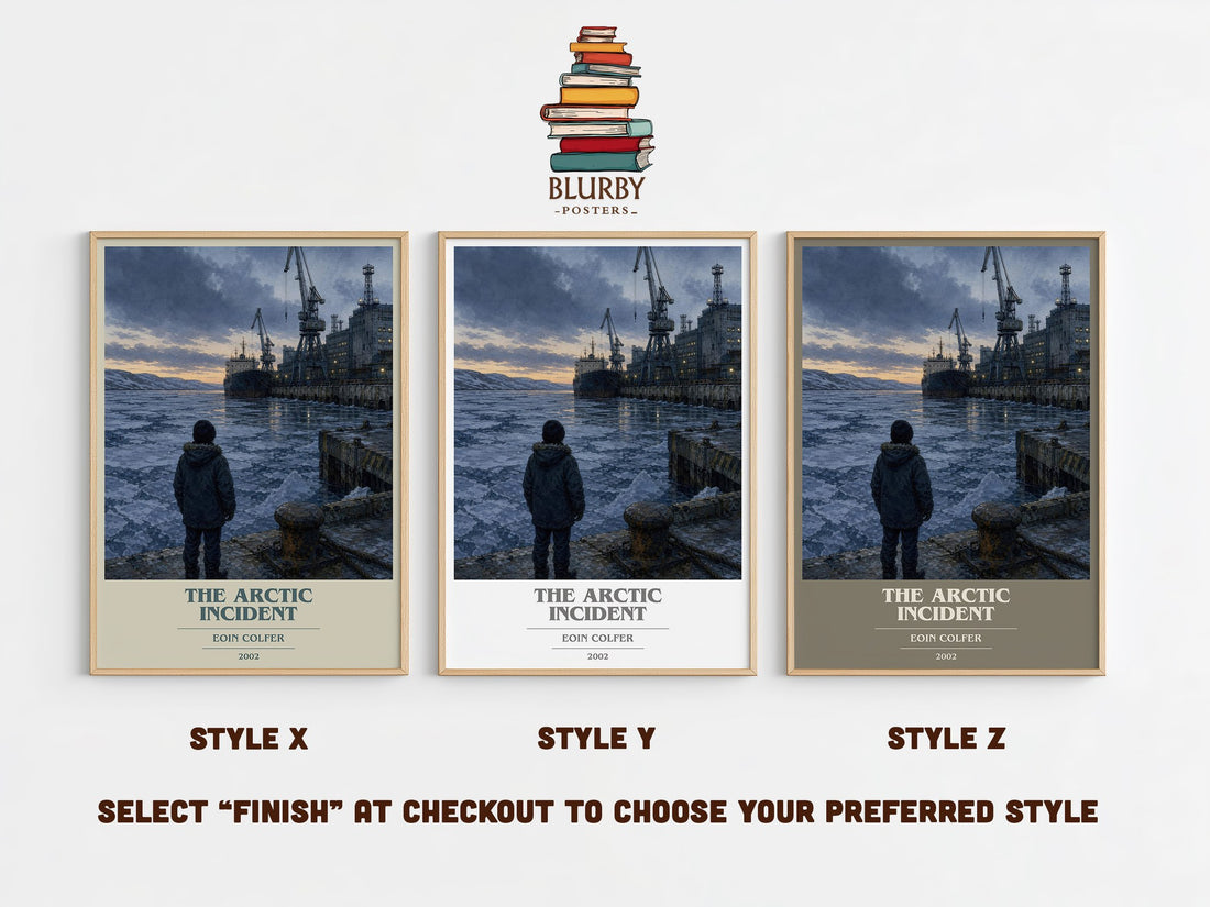 The Arctic Incident book cover print in frame leaning in hallway – fantasy wall art (mockup)