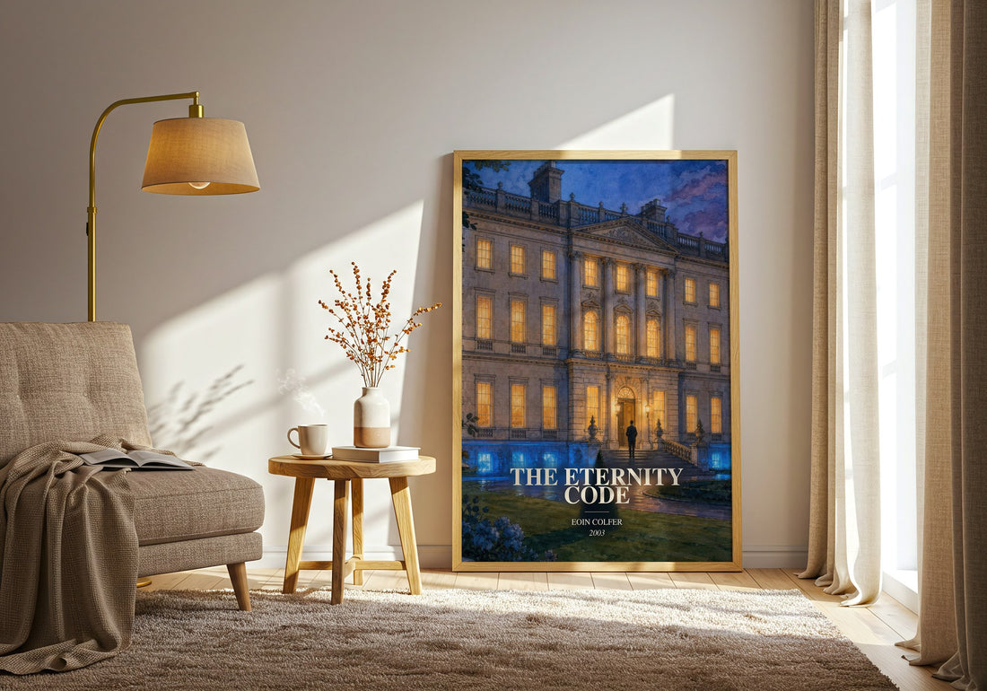 The Eternity Code watercolour print in frame leaning in hallway – sci fi wall art (mockup)