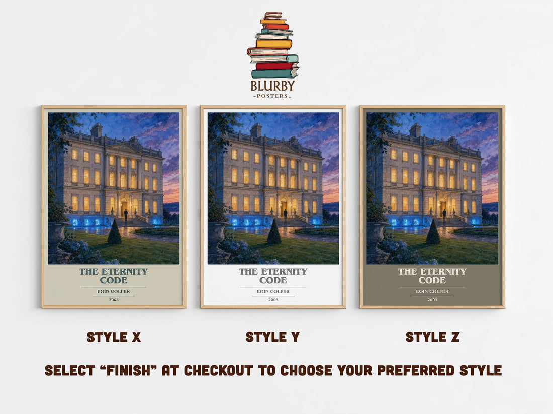 The Eternity Code book cover print in frame leaning in hallway – sci fi wall art (mockup)