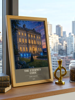 The Eternity Code book cover print framed by window – literary home decor