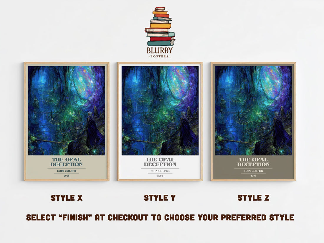The Opal Deception book cover print in frame leaning in hallway – fantasy wall art (mockup)