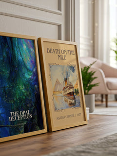 The Opal Deception watercolour print framed by window – literary home decor